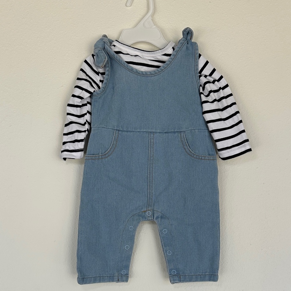 Striped Long Sleeve Tee & Light Blue Denim Overalls Set for Baby Girls